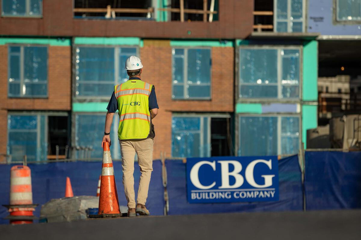 A CBG construction worker on Thayer & Spring’s construction site.