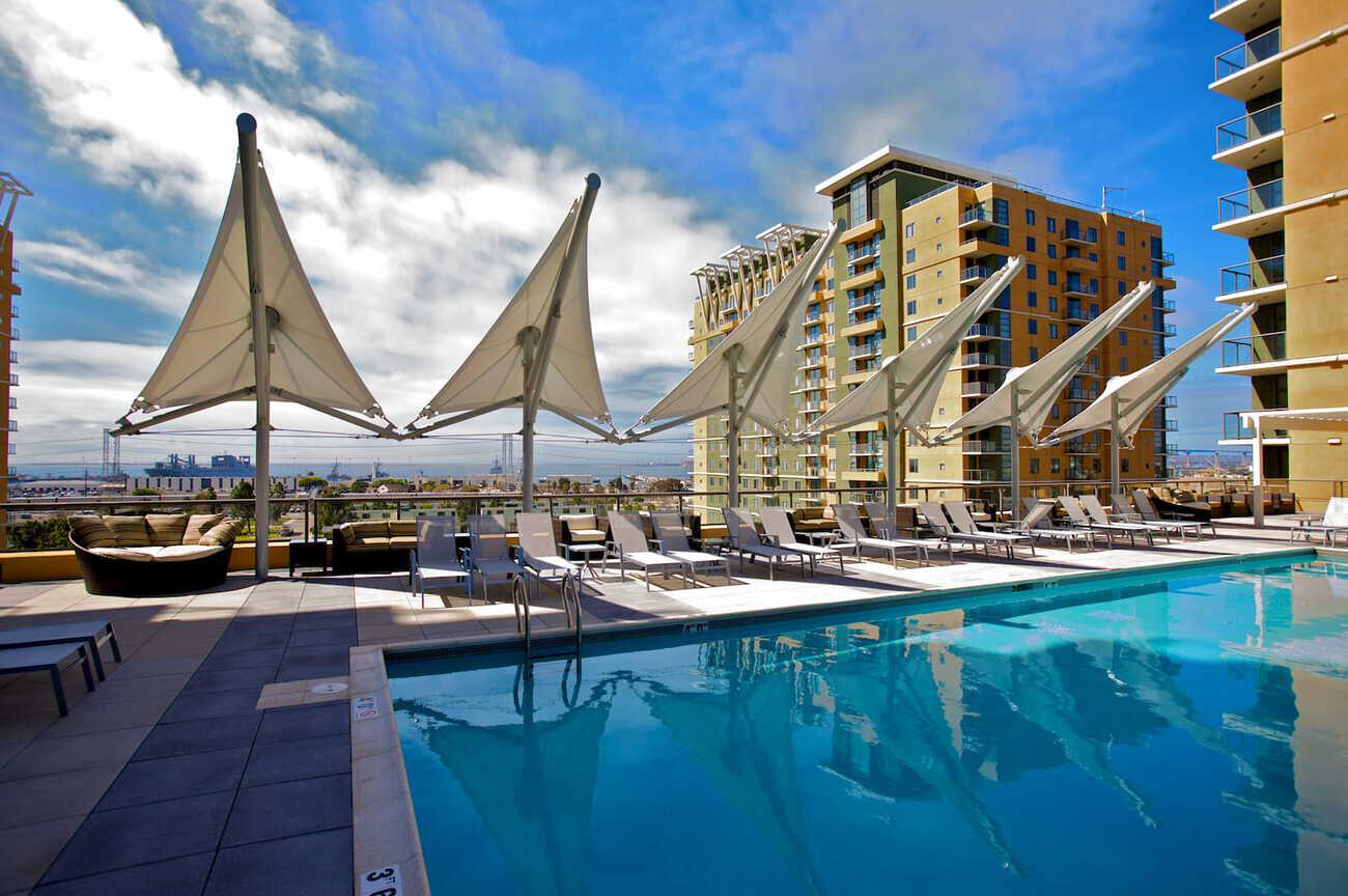 CBG’s Pacific Beacon community’s rooftop pool area located at 3301 Main Street San Diego, CA 92113.