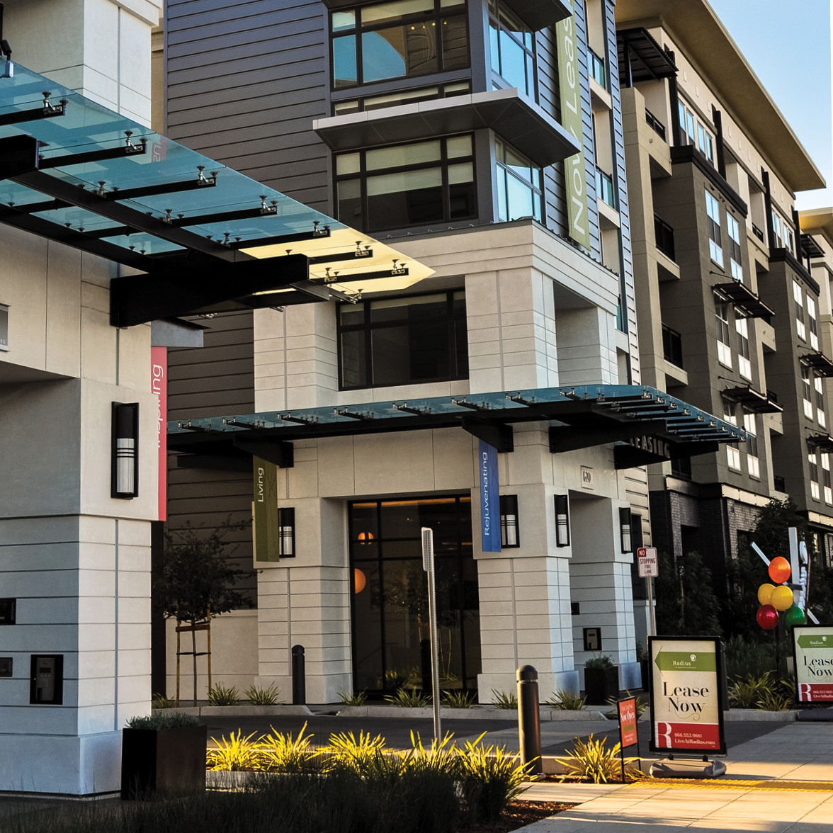 An exterior of Radius Apartments in Redwood City, CA